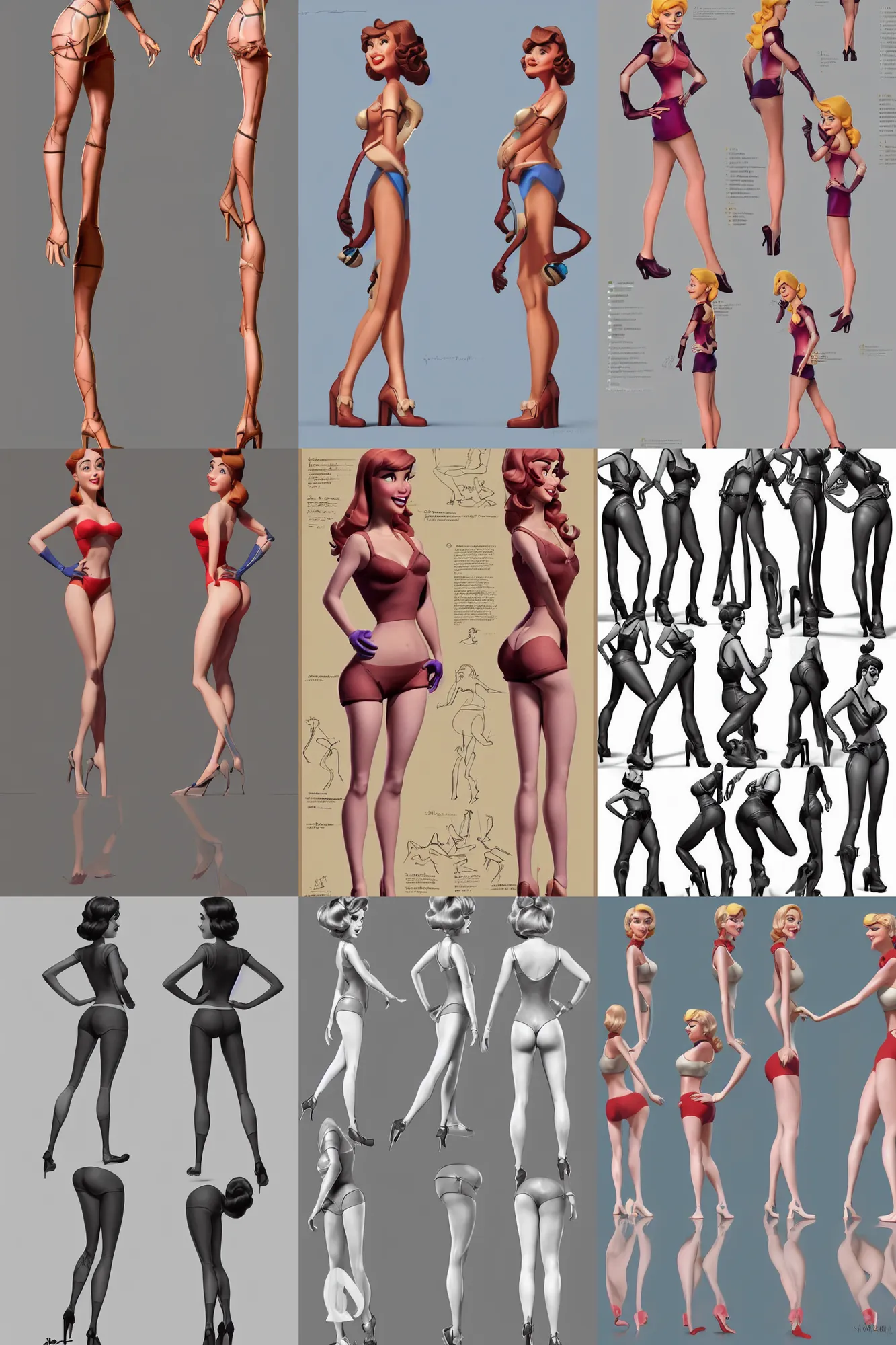 Prompt: a beatiful pin up girl, pixar character model sheet turnaround, front and side views, back view also, trending in artstation, cgsociety award, symetrical face, detailed skin, 4 k, hd, by steven stahlberg
