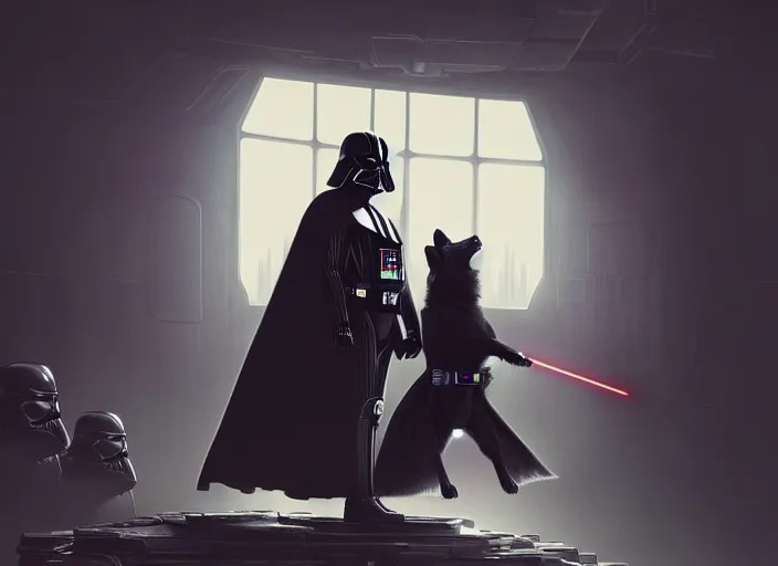 Image similar to a dramatic highly detailed render of darth vader facing off against a cute corgi, futuristic star wars vibe, by WLOP and Artgerm and Greg Rutkowski and Alphonse Mucha, Beautiful dynamic dramatic dark moody lighting, shadows, cinematic atmosphere, Artstation, concept design art, Octane render, 8K, masterpiece, sharp focus, hyperrealistic