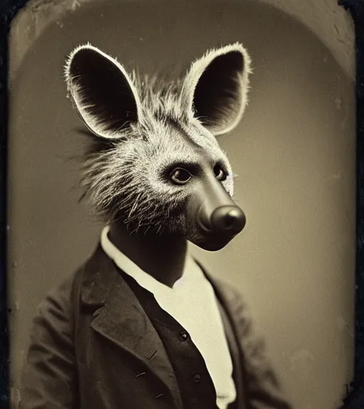 Image similar to professional studio photo portrait of anthro anthropomorphic spotted hyena head animal person fursona wearing clothes by Louis Daguerre daguerreotype