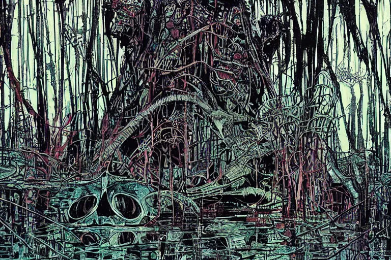 Image similar to scene from louisiana swamps, true detective, artwork by philippe druillet