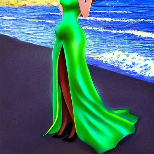 Prompt: beautiful tinkerbell in a skintight green satin prom dress on the beach drawn by artgerm