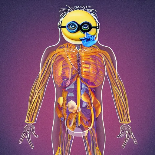 Image similar to A detailed biological anatomy of a minion, photorealistic, textbook, scientific