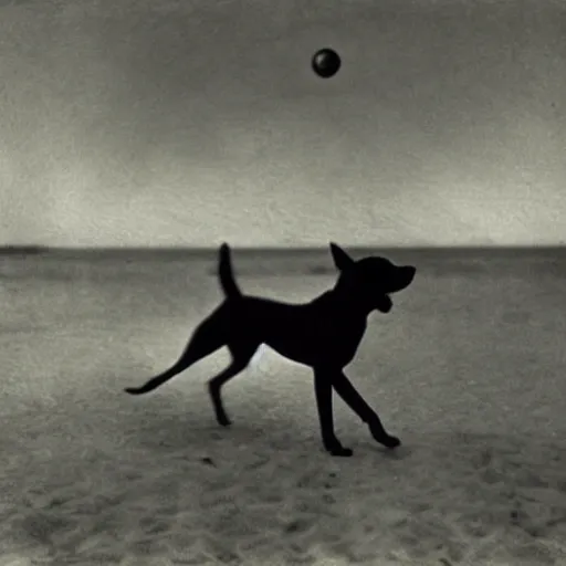 Prompt: an early 1 9 0 0 s photograph of a luminescent black dog levitating high over the beach, magical orbs, moonlight, nighttime