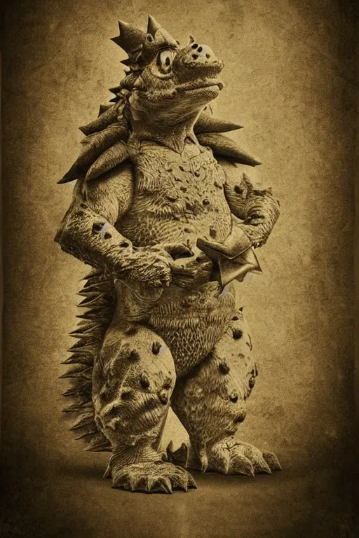 Image similar to bowser king koopa, portrait, full body, symmetrical features, silver iodide, 1 8 8 0 photograph, sepia tone, aged paper, master prime lenses, cinematic