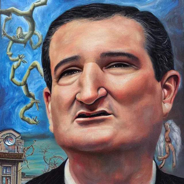 Image similar to an oil on canvas portrait painting of ted cruz, surrealism, surrealist, cosmic horror, high detail