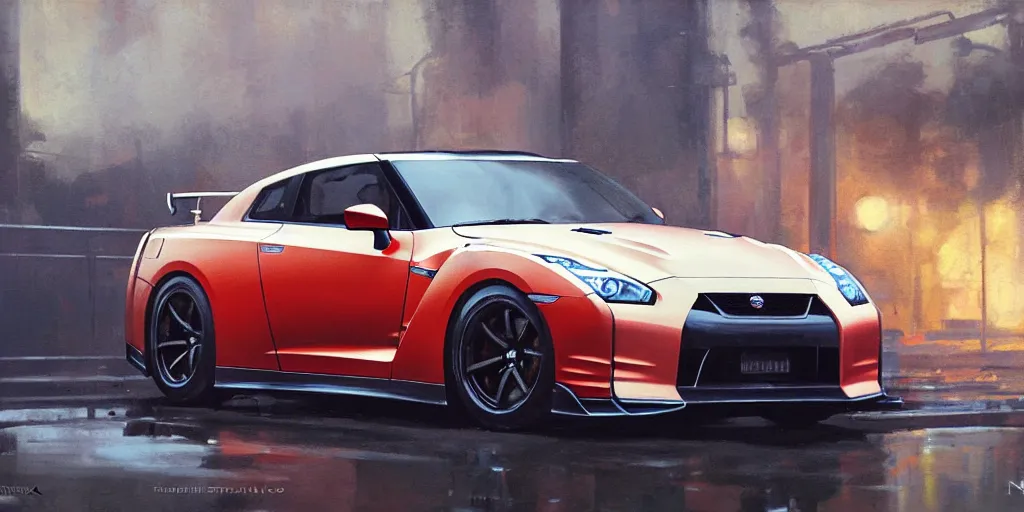 Image similar to A ultradetailed beautiful panting of Nissan GTR, Oil painting, by Ilya Kuvshinov, Greg Rutkowski and Makoto Shinkai