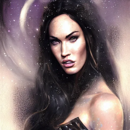 Image similar to portrait of megan fox wearing a black dress with galaxy lights and stars, sultry muscular body, fantasy, intricate, elegant, highly detailed, digital painting, artstation, concept art, matte, sharp focus, perfect face symmetry, illustration, art by aenaluck and roberto ferri and greg rutkowski, epic fantasy, digital painting