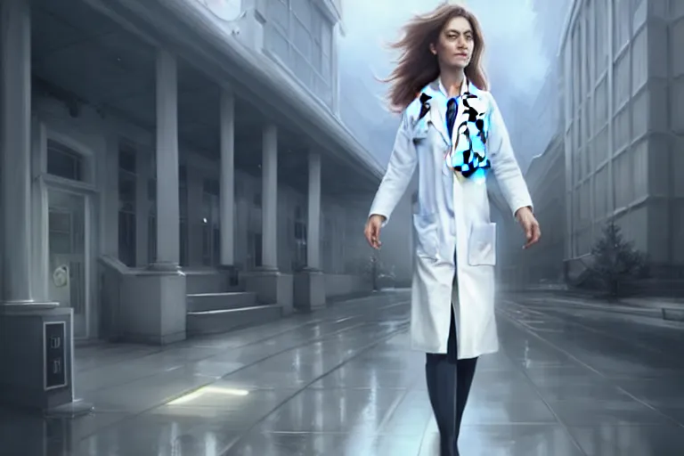 Prompt: an elegant and beautiful female doctor in a white coat in front of a hospital building, cinematic, highly detailed, digital painting, artstation, concept art, matte, sharp focus, illustration, art by artgerm and greg rutkowski