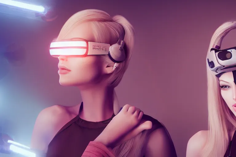 Image similar to a beautiful blonde girl trapped in virtual reality, futuristic, cyberpunk, 3 d rendered, 3 d rendering, dramatic lighting, dark theme, hdr, unreal engine 5, crazy realistic