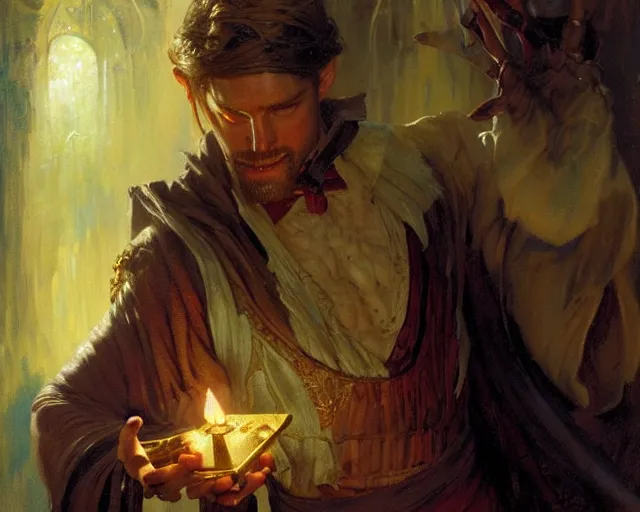 Image similar to attractive male wizard casting dark magic, bringing a corpse back to life. highly detailed painting by gaston bussiere, craig mullins, j. c. leyendecker 8 k