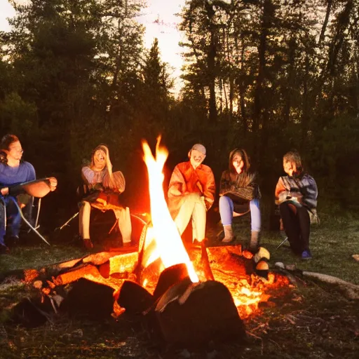 Image similar to 6 people around a campfire, angles in the sky, artistic