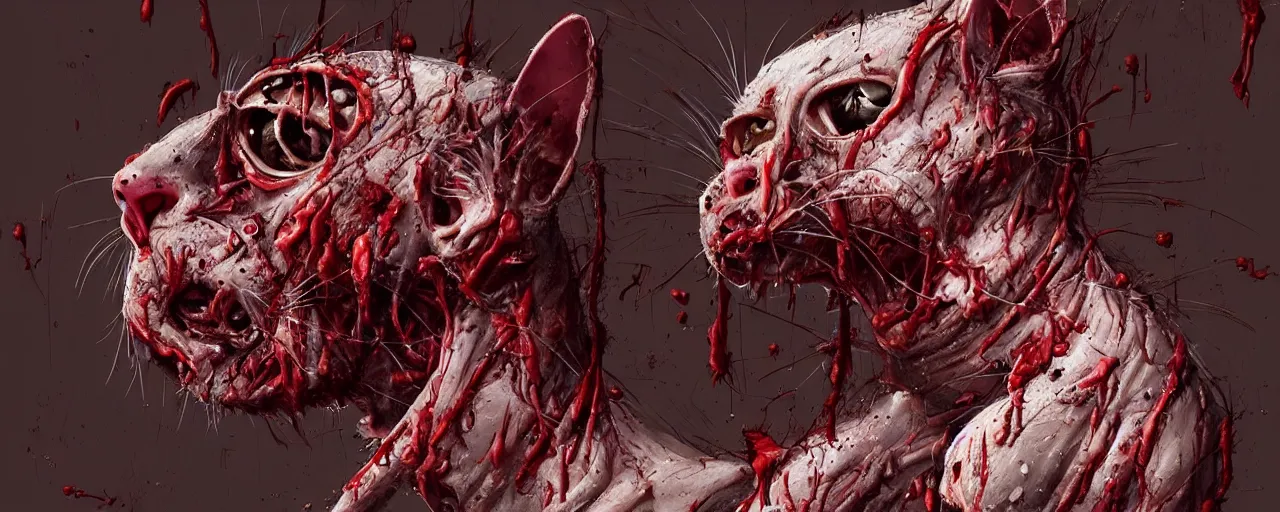 Prompt: a very very gory image of a bald cat turned inside out, hairless cat, skinned horror art, intricate, highly detailed, digital painting, artstation, concept art, smooth, sharp focus, illustration