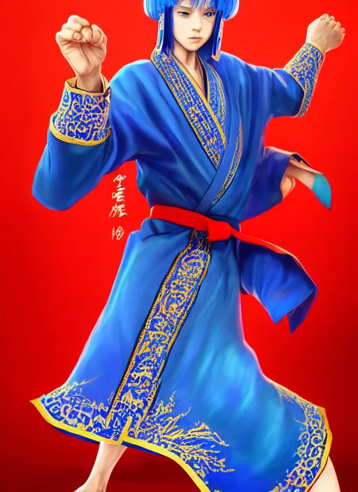 Image similar to manchurian martial artist!!!! blue eyes!! intricate ornate blue robes!! character concept art, sharp focus, octane render! unreal engine 5! highly rendered!! trending on artstation!! detailed linework!! illustration by artgerm, wlop, and chie yoshii