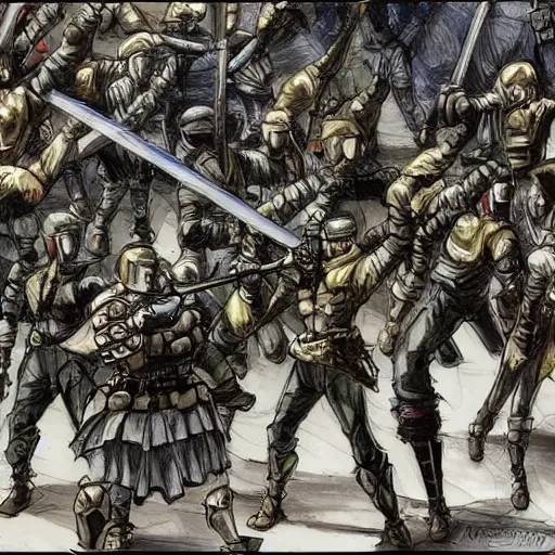 Image similar to one hero with sword looking at army of swordsmen in the background, in the middle of an arena, crowd of people, pencil art, straight, clear, added detail, high definiton, colored, backfacing, by yoji shinkawa