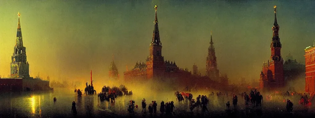 Image similar to alien predator attacks moscow red square. extreme long shot. post-apocalyptic art by Aivazovsky. high detail