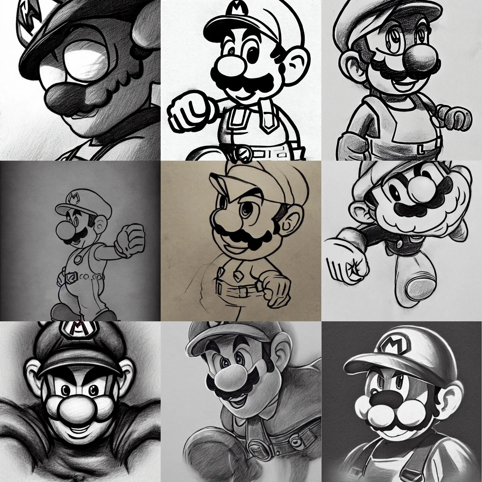 Image similar to epic pencil sketch of super mario, imposing focused gaze, striking manga artstyle, powerful shadows, concept art