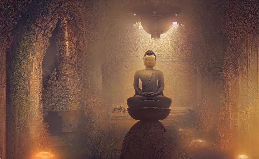 Prompt: The mystical awakening of Buddha, intricate, elegant, volumetric lighting, digital painting, highly detailed, artstation, sharp focus, illustration, concept art, ruan jia, steve mccurry