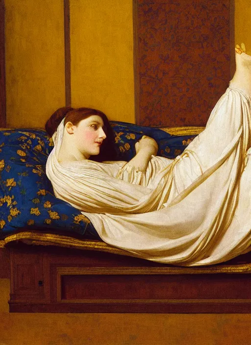 Image similar to masterpiece portrait of lady reclining on bed wearing yellow ochre ornate medieval dress, vertical, foreshortening, colour photography by frederic leighton, william morris, 8 k