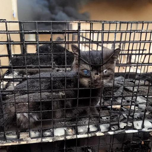 Image similar to a animal adoption center set on fire by an explosion, cats outside of the shelter