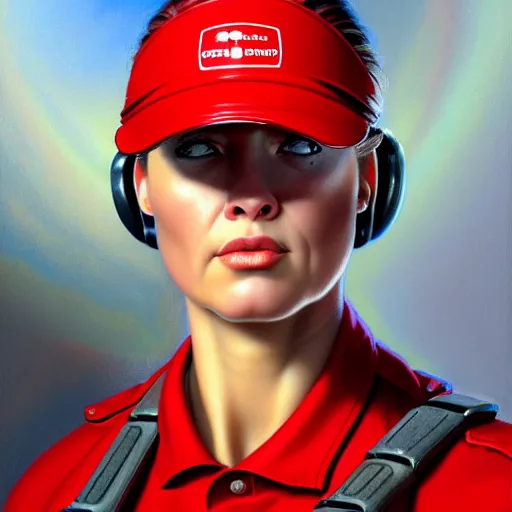 Image similar to epic portrait a slightly muscular woman wearing short sleeved uniform and carrying a red power tool drill, detailed, centered, digital painting, artstation, concept art, donato giancola, Joseph Christian Leyendecker, WLOP, Boris Vallejo, Breathtaking, 8k resolution, extremely detailed, beautiful, establishing shot, artistic, hyperrealistic, beautiful face, octane render