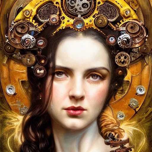 Image similar to Head and shoulders masterpiece portrait of Lana Rhoades as a steampunk beautiful goddess, she half human and half robot, she is embellished with few gears wheels and gemstones, by William Holman Hunt, Greg Rutkowski, Stanely Artgerm, Tooth Wu, Peter Gric, Aaron Horkey, trending on Artstation, digital art, mythological, symmetrical artwork, cinematic lighting, hyper realism, high detail, octane render, ultra realistic, golden ratio, 4k, 8k