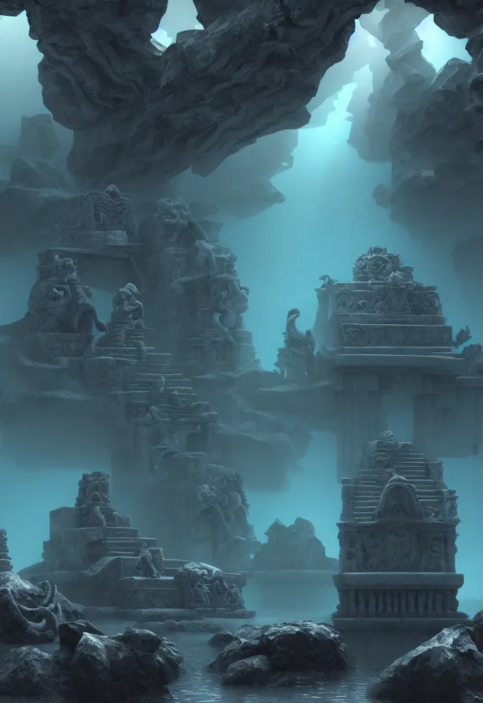 Image similar to low ultrawide shot, dark, underwater statues, submerged pre - incan temple with carvings, abyss, stylized, anime style mixed with fujifilm, detailed gouache paintings, crepuscular rays, dark, murky, foggy, atmospheric, artstation, cgsociety, unreal engine 5, octane render