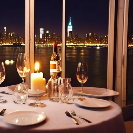 Prompt: artistic sparse simple luxurious glowing candle - lit dinner with wine bottle overlooking the blurred out new york city skyline