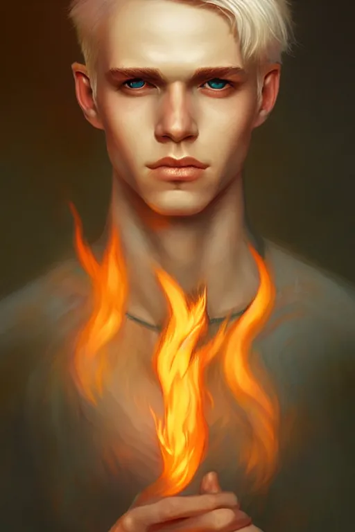 Prompt: character art by tom bagshaw, young man, blonde hair, on fire, fire powers