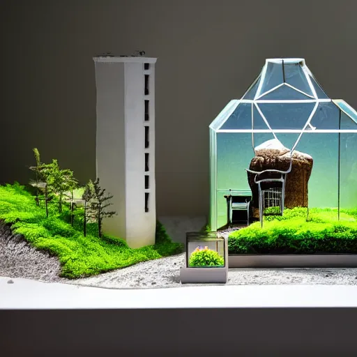 Prompt: a terrarium with a nuclear power plant diorama inside on top of a minimalist table, lit from the side