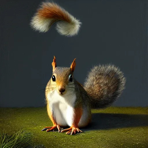 Image similar to an extremely handsome squirrel holding his puffy tail, painted by Mike Winkelmann