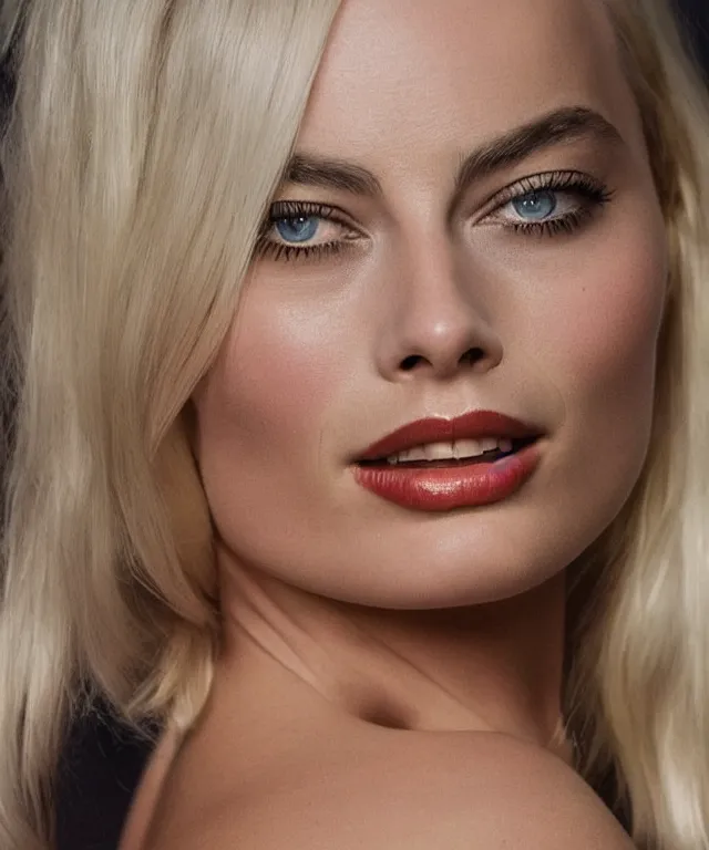 Image similar to photo of margot robbie, platinum blond, fisheye lens, enlarged facial features, by norman rockwell, extra photorealistic details, ultra high quality, trending on pinteresst