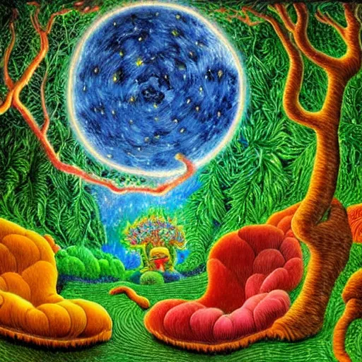 Image similar to psychedelic couch sofa in the lush forest, milky way, designed by moebius, rob gonsalves, gustav dore, giuseppe arcimboldo and carl barks, louis wain, trending on artstation, canada, star, sharp focus, colorful refracted sparkles and lines, soft light, 8 k 4 k