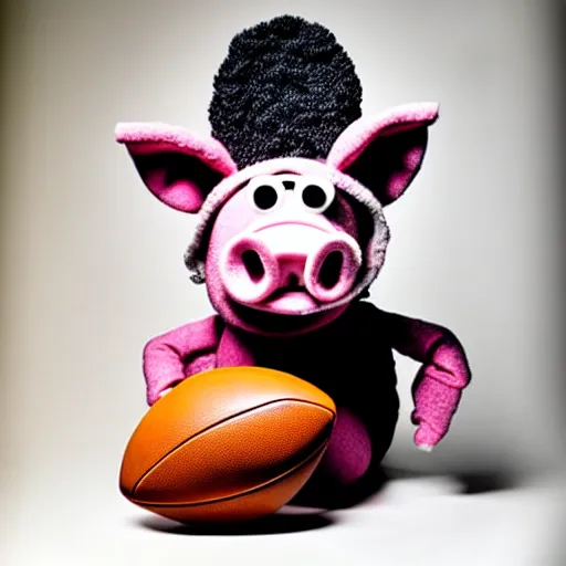 Image similar to studio photograph of a pig wearing a football helmet depicted as a muppet