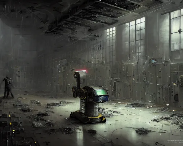 Image similar to robo in gloomy ruined server room in datacenter robot painting concept art of automata rusty steel robot knight colossus welder pacing mono eyed, sharp focus, emitting diodes, smoke, artillery, sparks, racks, motherboard, by pascal blanche rutkowski repin artstation hyperrealism detailed character design matte painting, 4 k resolution blade runner