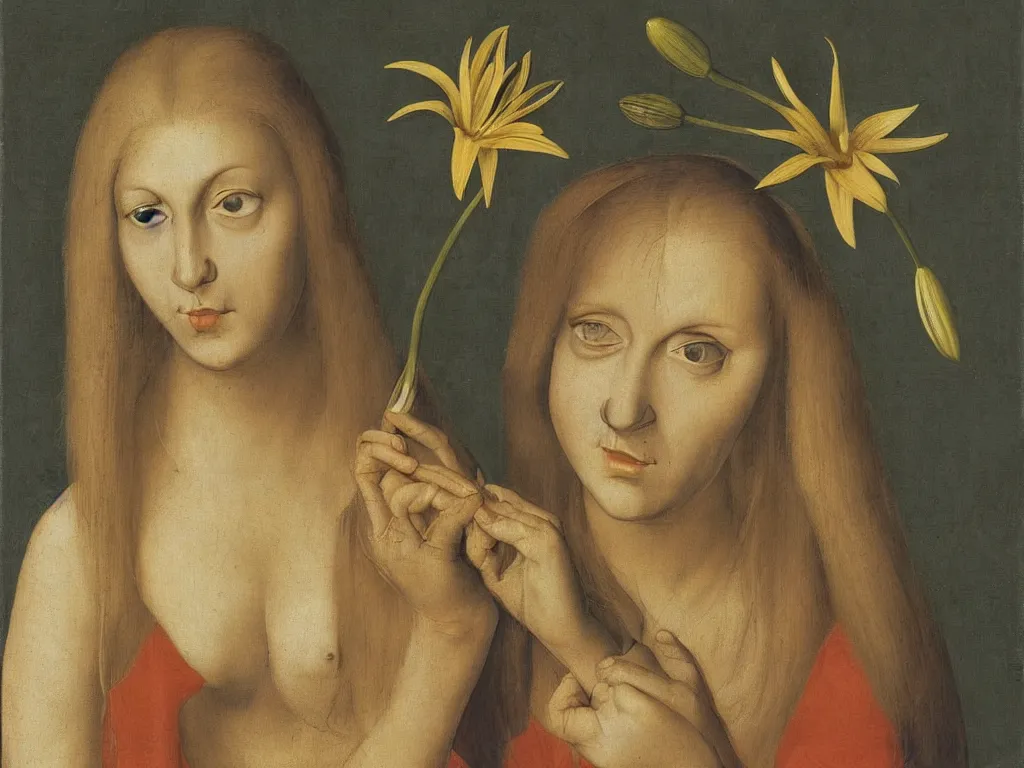 Image similar to Portrait of a simple, harsh, ugly blonde woman holding a lily. Painting by Hans Baldung Grien