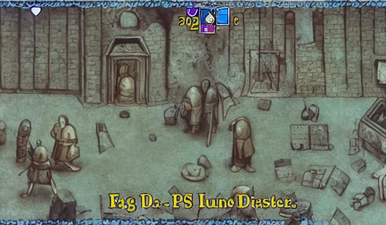 Image similar to First-person!!!!! dungeon crawler with UI, 2DCG, PS1 game, designed by Hiernymous Bosch!!!!!