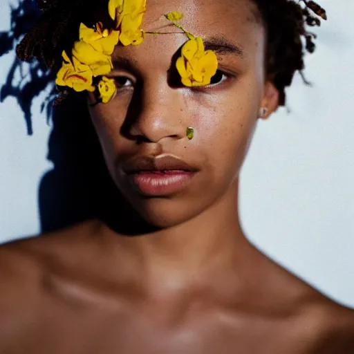 Prompt: realistic! photoshoot for a new nike lookbook, color film photography, portrait of a beautiful woman, woman got a flower in her hair, in style of tyler mitchell, 35mm