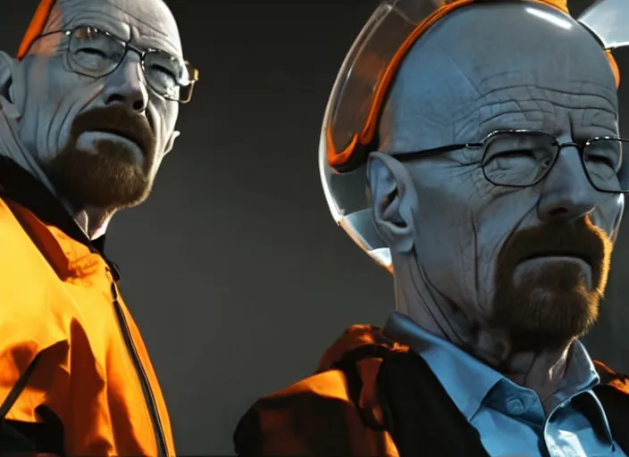 Image similar to film still of Walter White as Gordan Freeman wearing a black HEV suit with a glowing orange black mesa logo in front with a glowing blue portal in the background in the Half Life Movie, 4k