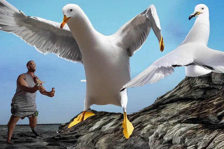 Image similar to giant seagull, human arms instead of wings, extremely realistic, extremely detailed