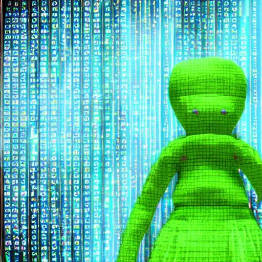 Image similar to cute fumo plush of a cyberspace girl made out of streams of data, green terminal readout, lens flare, vray