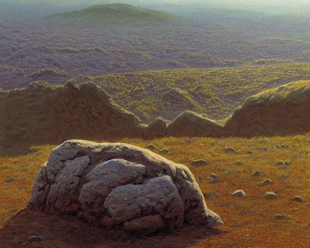 Image similar to a high hill landscape with a circle of large stones in the shape of a finger on the top, by ted nasmith