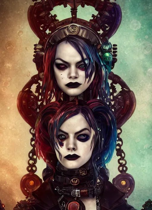 Image similar to underwater dark goth gothic steampunk portrait of emma stone as harley quinn, full moon, hyper detailed, digital art, cinematic lighting, studio quality, smooth render, unreal engine 5, octane rendered, art style by klimt and nixeu and ian sprigger and krenz cushart.