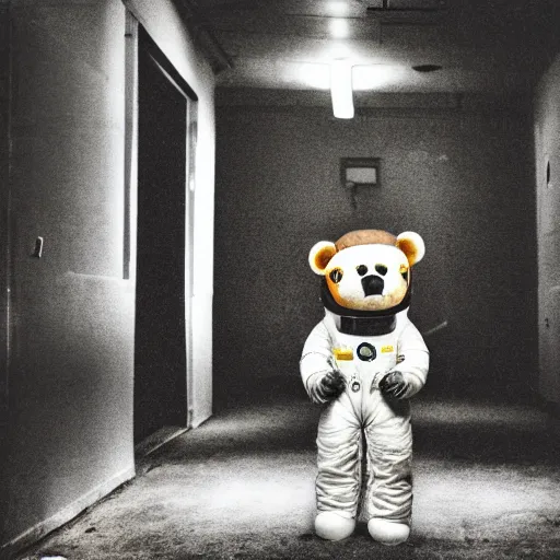 Image similar to lomo photo of teddy bear in spacesuit staying in front of abandoned hospital, dark, moody, foggy, gloomy.