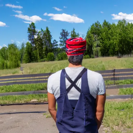 Image similar to Young man standing looking to the right in a red bandana, blue striped shirt, gray vest and a gun with a partly cloudy sky in the background. The young man is standing in front of an iron fence. Photograph. Real life