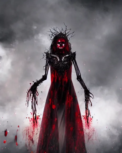 Prompt: enraged queen of blood, red eyes, skeletal, particle effects, realistic, highly detailed, cinematic