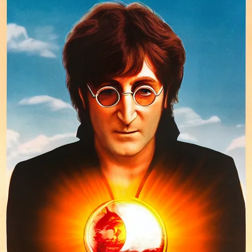 Image similar to dramatic movie poster of John Lennon throwing a fully charged spirit bomb