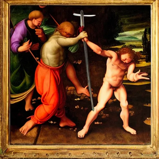 Image similar to simple renaissance painting of a goblin being slain by a sword, colorful