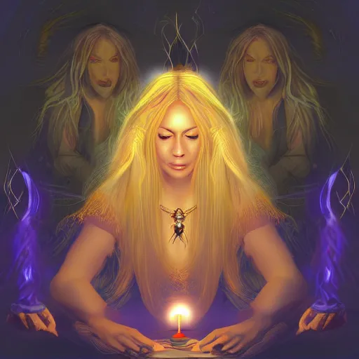 Image similar to High fantasy scene of a sorceress with long blonde hair surrounded by hooded figures and candles; digital art