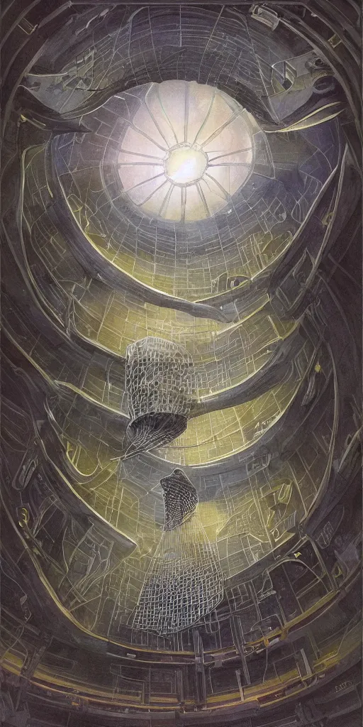 Image similar to a giant beautiful diatom hanging inside a space station, fantasy art by John Howe