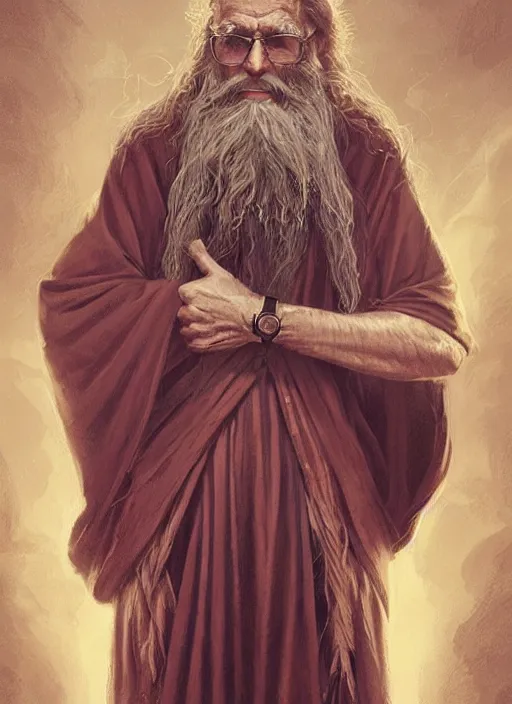 Prompt: portrait of a elderly wizard with a long beard wearing robes, under the robes is a hawaiian shirt, male, detailed face, fantasy, highly detailed, cinematic lighting, digital art painting by greg rutkowski